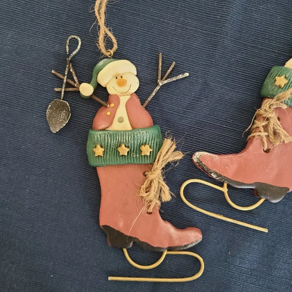 Vintage Winter Ice Skates With Snowman Christmas Ornaments Set of Two